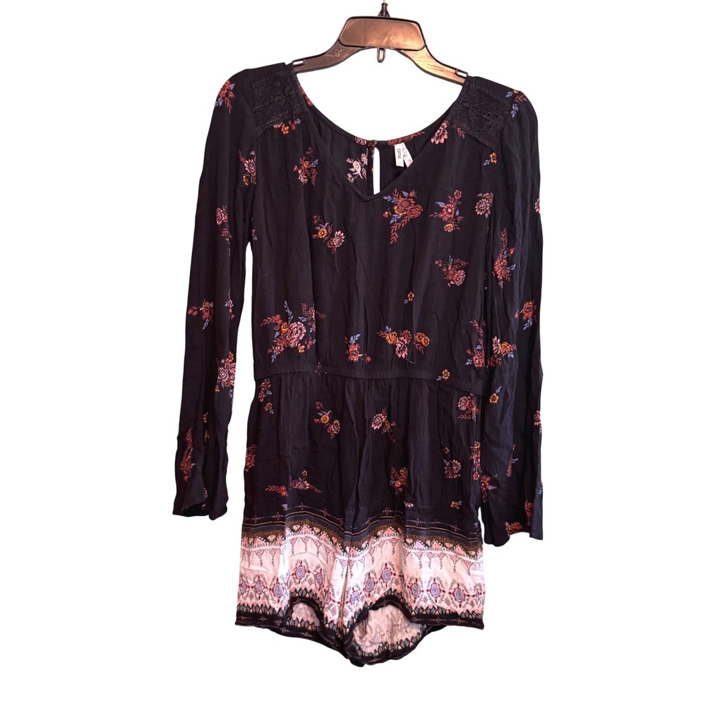 Mudd Womens Black Floral Long Sleeve Romper Boho Lace Shoulder Small